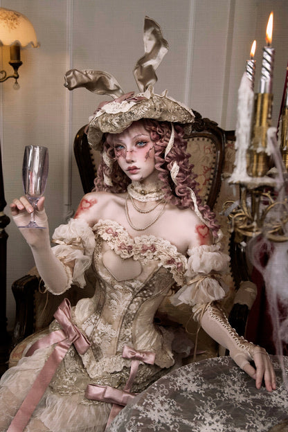 French Rococo Elegant Rabbit Ear Cap + Mesh Flat Cap + Mesh Bow Cap