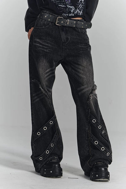 レトロウォッシュドフレイドジーンズパンツ