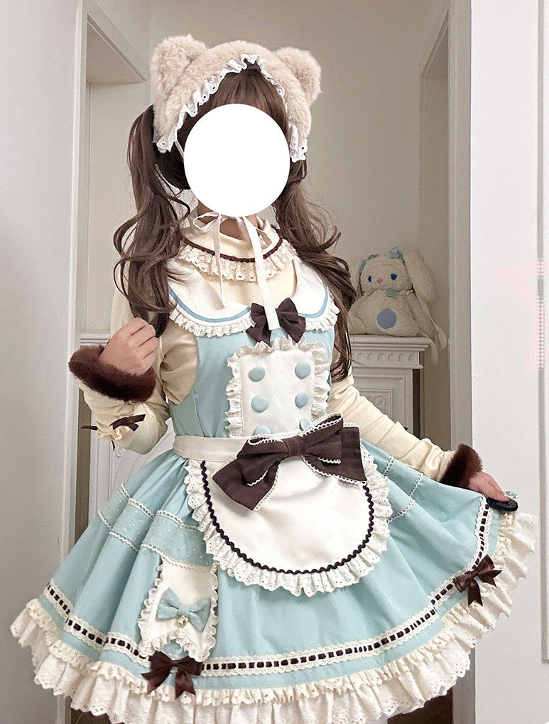 【Pre-order item】Chocolate Mint Sailor Collar Girly Maid Dress + Cake Hat