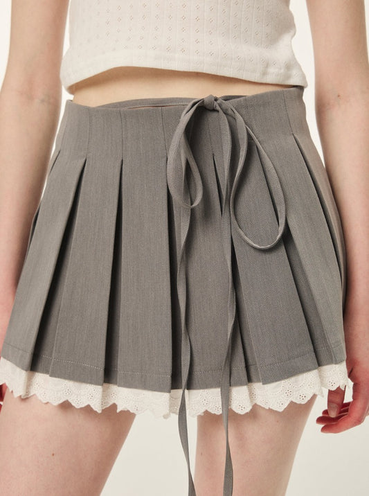 Lace Stitch Check Pleated Skirt