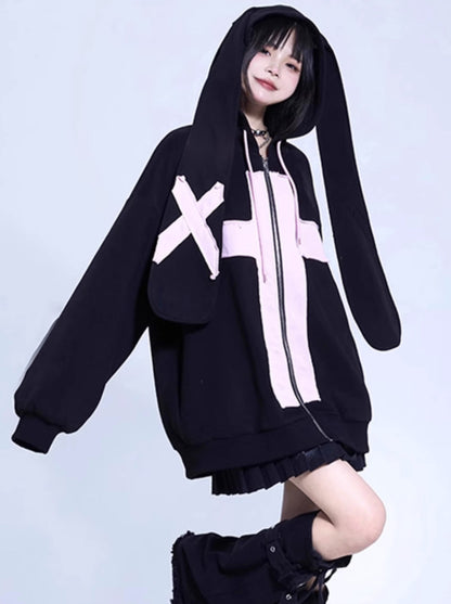 Cross bunny ears hoodie oversized jacket