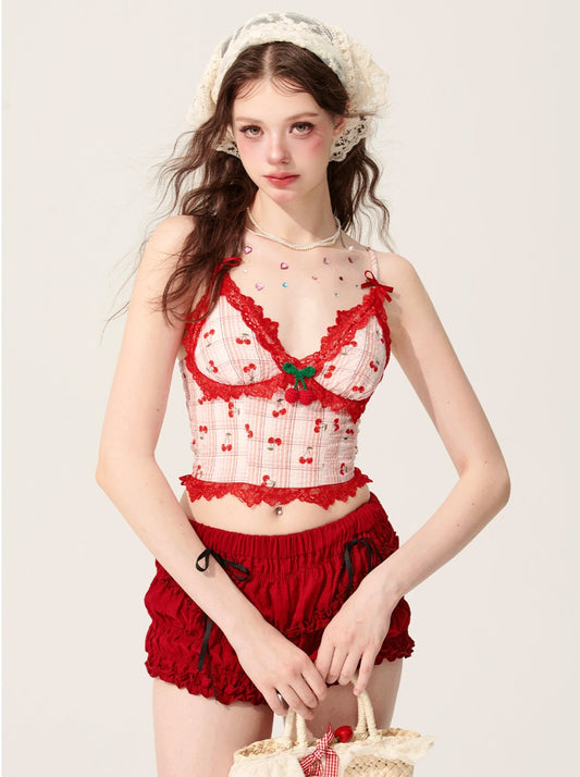 [May 31st 20 o'clock sale] less eyes small red pink, red plaid suspender T-shirt, women's summer lace navel