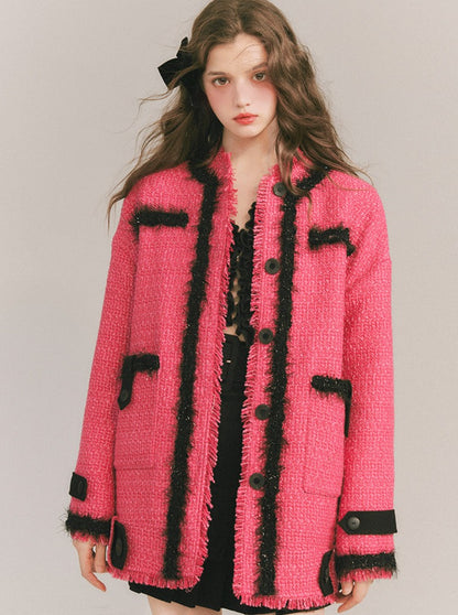 Vivid Pink Tweed Long Jacket