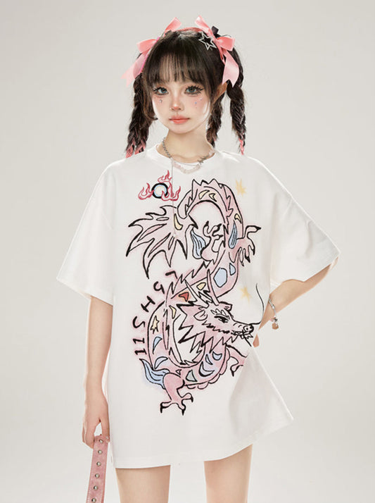 11SH97 White Original Year of the Dragon Printed T-Shirt Women's Summer Design Fashion Loose Short Sleeve Top