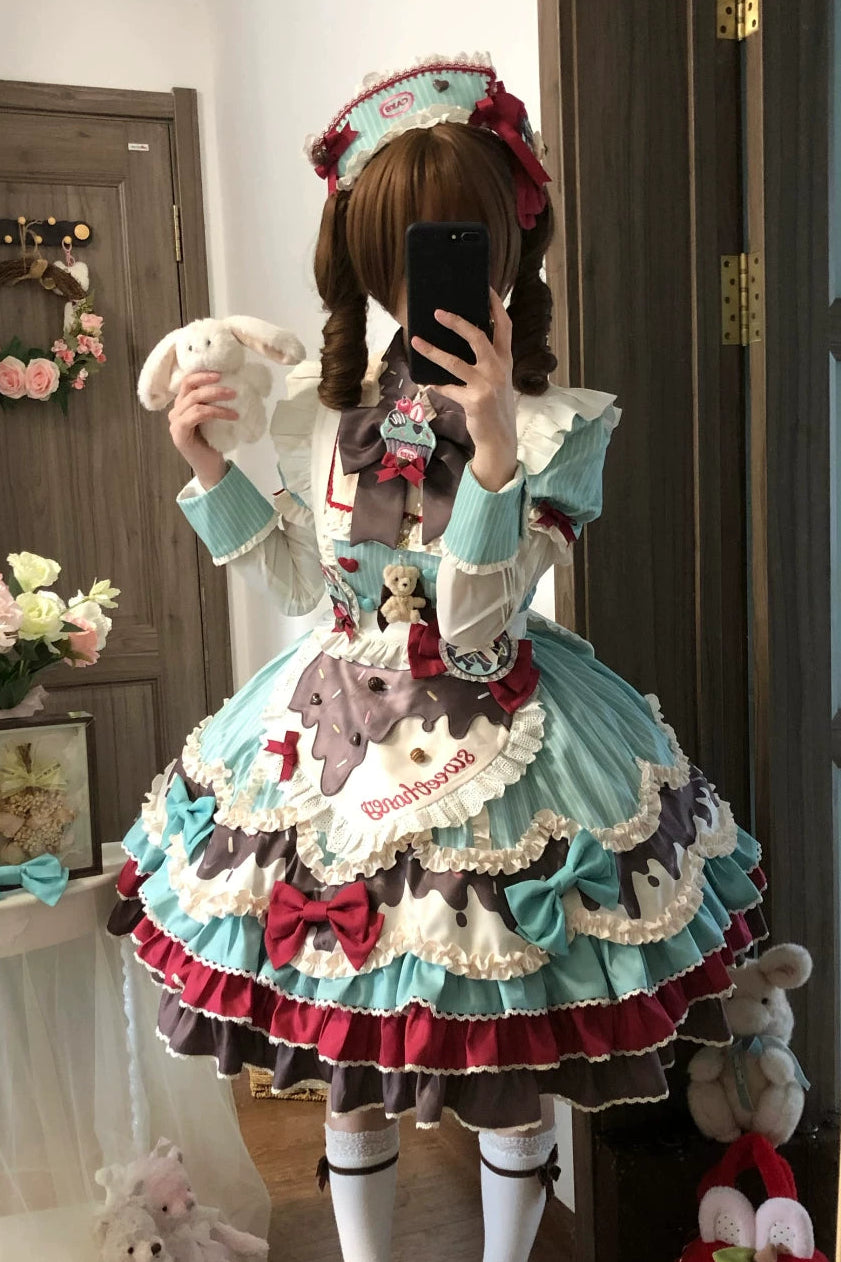 【3月20日予約締切】ミントチョコレートロリータドレス+スリーブ+エプロン+クリップ+ハット+テール