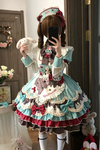 【3月20日予約締切】ミントチョコレートロリータドレス+スリーブ+エプロン+クリップ+ハット+テール