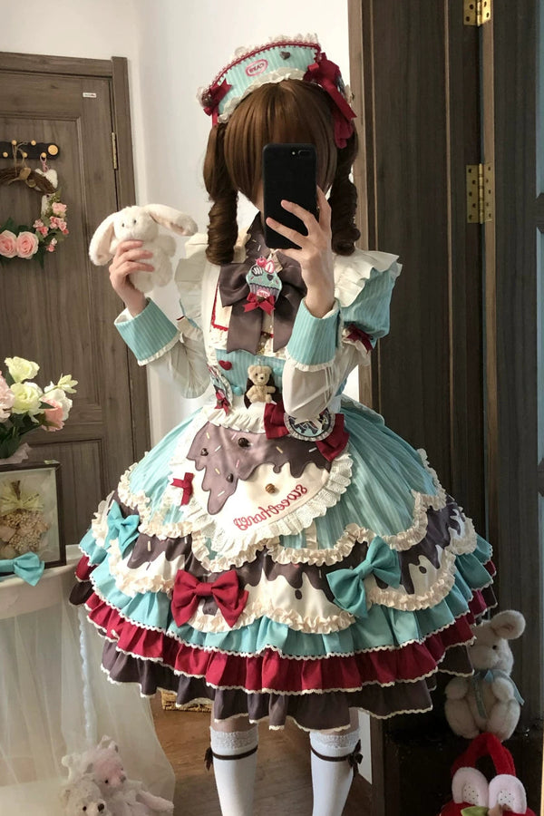 【3月20日予約締切】ミントチョコレートロリータドレス+スリーブ+エプロン+クリップ+ハット+テール
