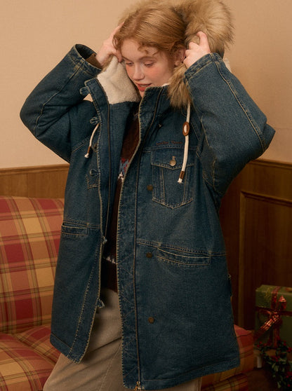 Retro Fur Hooded Denim Coat