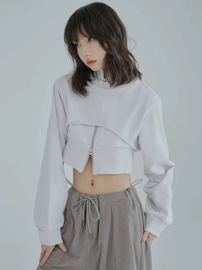 Faux two-piece short stand collar sweatshirt