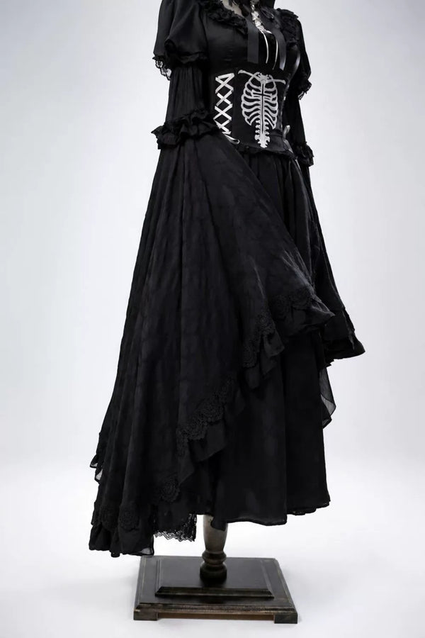 【11月2日予約締切】Born Nocturne Black Gothic Puff Sleeve Lace Layered Long Dress (with Bow Tie) + Embroidered Corset Belt + Detachable Oversized Bell Sleeves