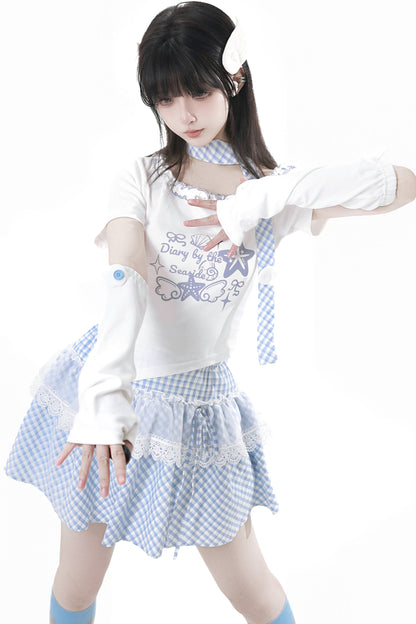 パステルスイートツインスカーフ付きTシャツ＋パフスカート＋アームカバー