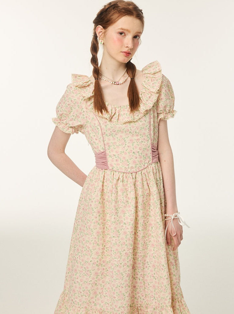 French Retro Romantic Flower Puff Sleeve Dress