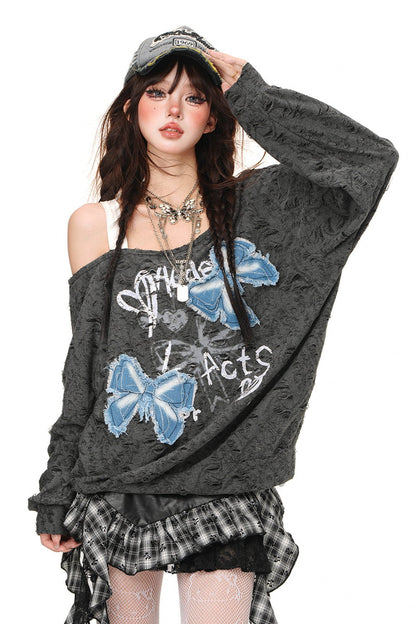 Butterfly Embroidered Slob Shoulder Top