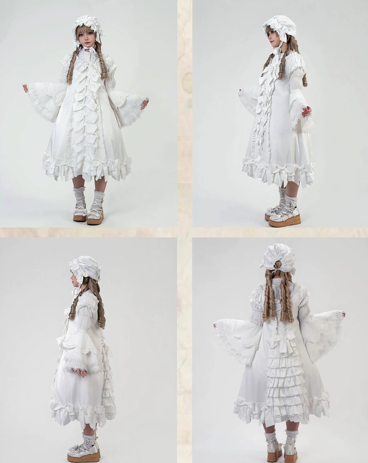 [November 15 Reservation Deadline] White Doll Style Front & Back Two-Way Ruffle Ribbon Lolita Dress (Short/Long) + Matching Shorts (Short/Long) + BB Hat