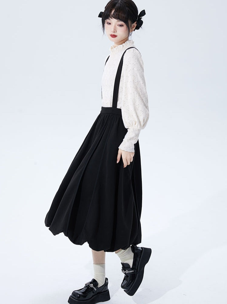 Monotone High Waist Suspender Skirt