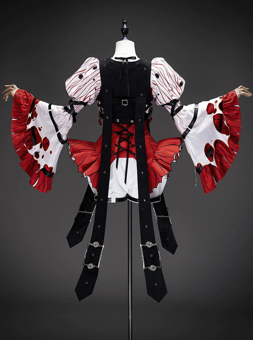 [Vorbestellschluss: 9.19.] Dekadentes dunkles Gothic-Blut-Glockenärmel-Top + schwarze Harness-Weste mit Augenstickerei und Schnallen-Set (Blutstropfen-Motiv-Anhänger + Kreuzmotiv-Anhänger) + weiße Puff-Prinzen-Shorts mit Schnalle