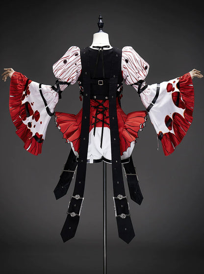 [Vorbestellschluss: 9.19.] Dekadentes dunkles Gothic-Blut-Glockenärmel-Top + schwarze Harness-Weste mit Augenstickerei und Schnallen-Set (Blutstropfen-Motiv-Anhänger + Kreuzmotiv-Anhänger) + weiße Puff-Prinzen-Shorts mit Schnalle