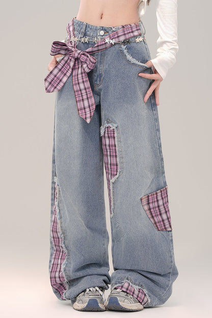 Patchwork check Wide leg jeans