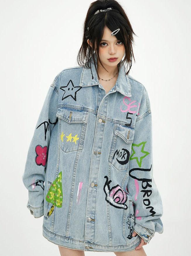 Spray art design oversized denim jacket