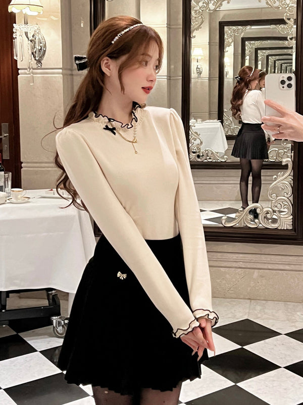 Stitch Frill Design High -End Bet Knit Slim Tops