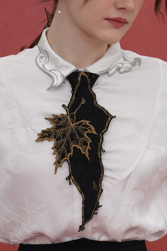 Kamo Original Retro Chinese Style Embroidered Shirt Tie Women's Decoration Casual Super Beautiful Autumn Maple Leaf Niche
