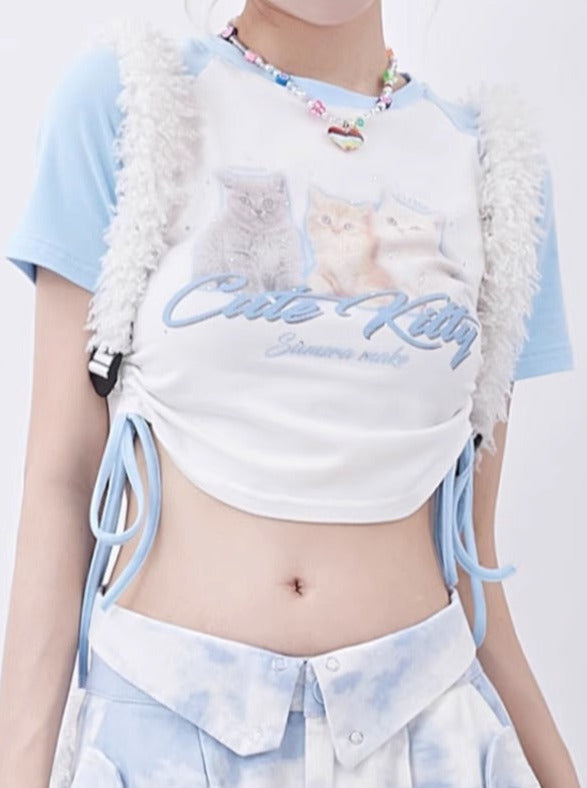 Cat Print Drawstring Design Short T-Shirt