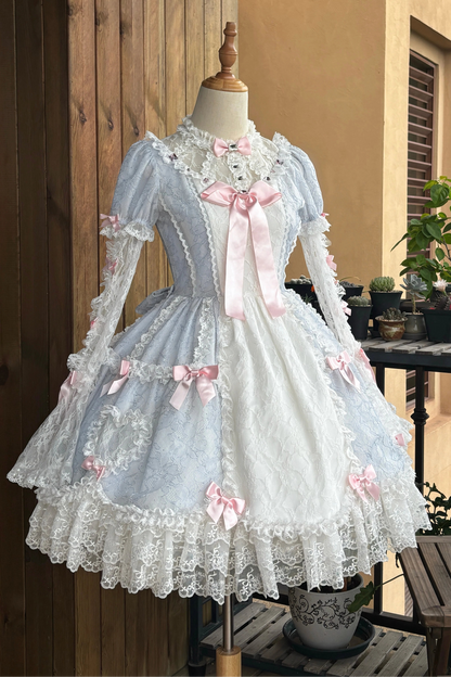 【7月3日予約締切】スウィートロリータレースラインストーンリボンロマンティックドールパフスリーブドレス＋ベルスリーブ＋ヘアバンドセット
