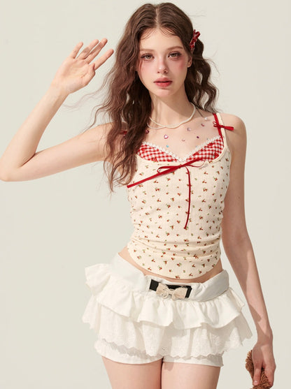 [5월 31일 20시 판매] 덜 눈 캐러멜 밤 가짜 두 민소매 꽃무늬 티셔츠 여성용 여름 서스펜더