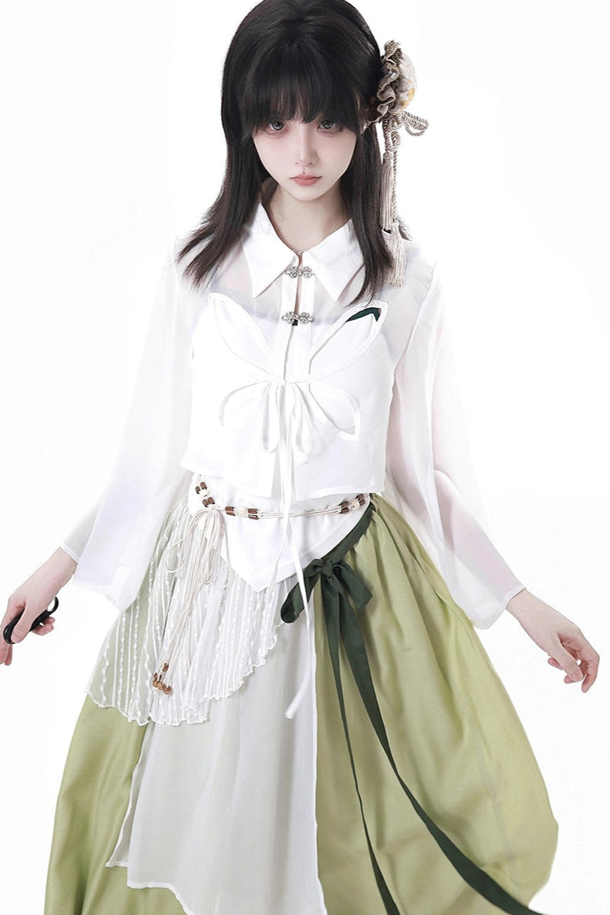 シフォンチャイナシャツ＋キャミソール＋ショートスカート＋ロングスカート＋レッグウォーマー