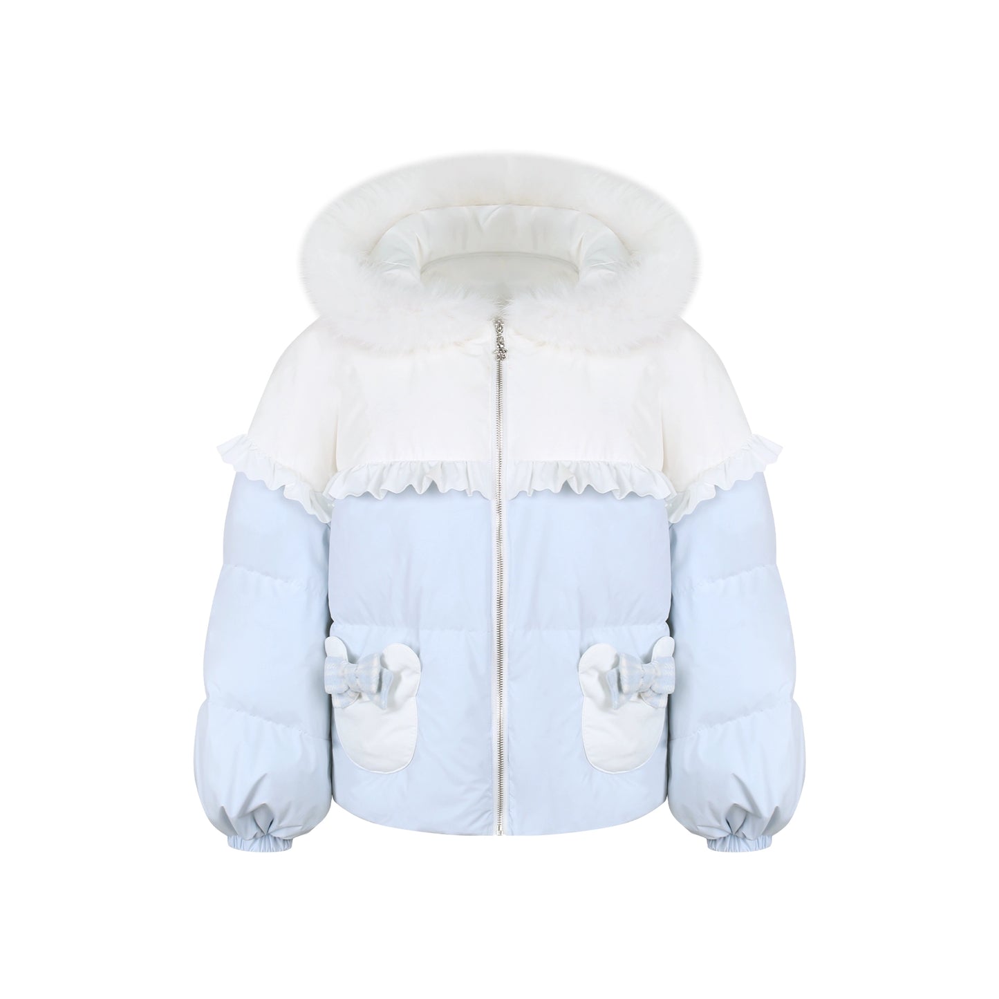 ベアダウンジャケット+ニットトップス+チェックパンツ