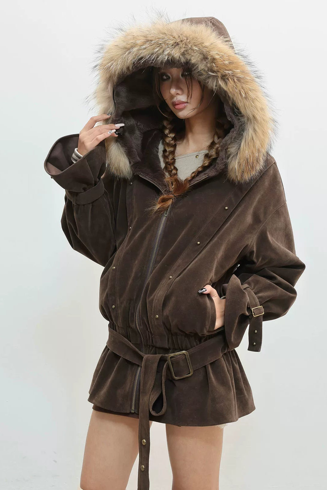 フレンチレトロベルベットファーフードジャケット