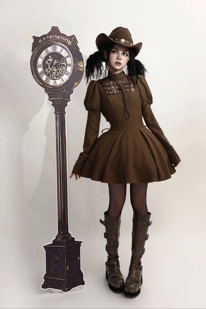 [Scadenza prenotazioni 6 novembre] Abito da bambola steampunk marrone x gothic mode nero con fibbia, collo alto e maniche lunghe a sbuffo