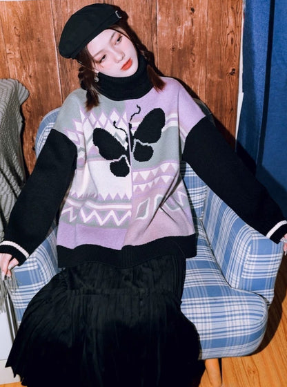 Morpho Turtleneck Retro Loose Contrast Jacquard Pullover Sweater