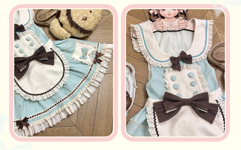 【Pre-order item】Chocolate Mint Sailor Collar Girly Maid Dress + Cake Hat