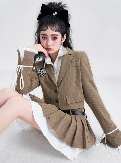 One Point Badge College Jacket + Layered Pleated Skirt