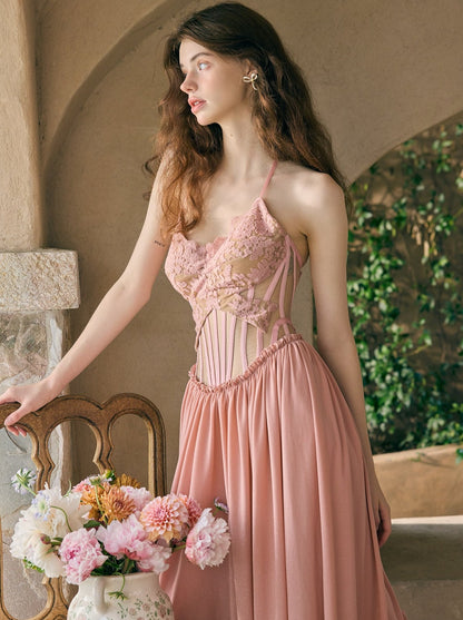 Pink Lace Halter Neck Long Dress