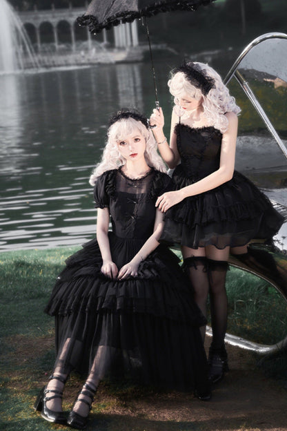 Dark Black Lolita Dress + Inner + Suspender Dress + Veil + Hairband + Belt + Sleeves