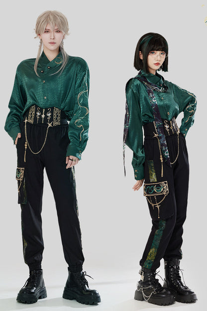 Jade Moon Dragon Embroidered Chinese Shirt + Moon Pocket Pants