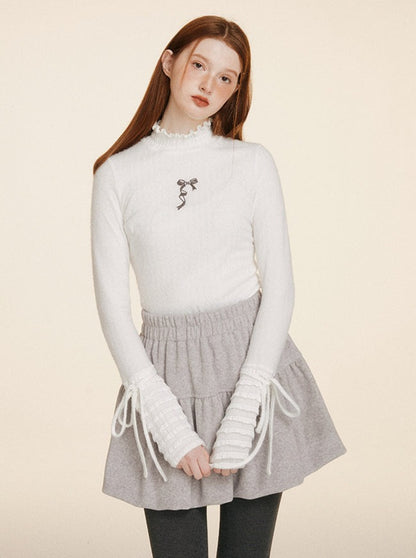 Asymmetrical Bow Tie Tight Ruffle High Neck Top