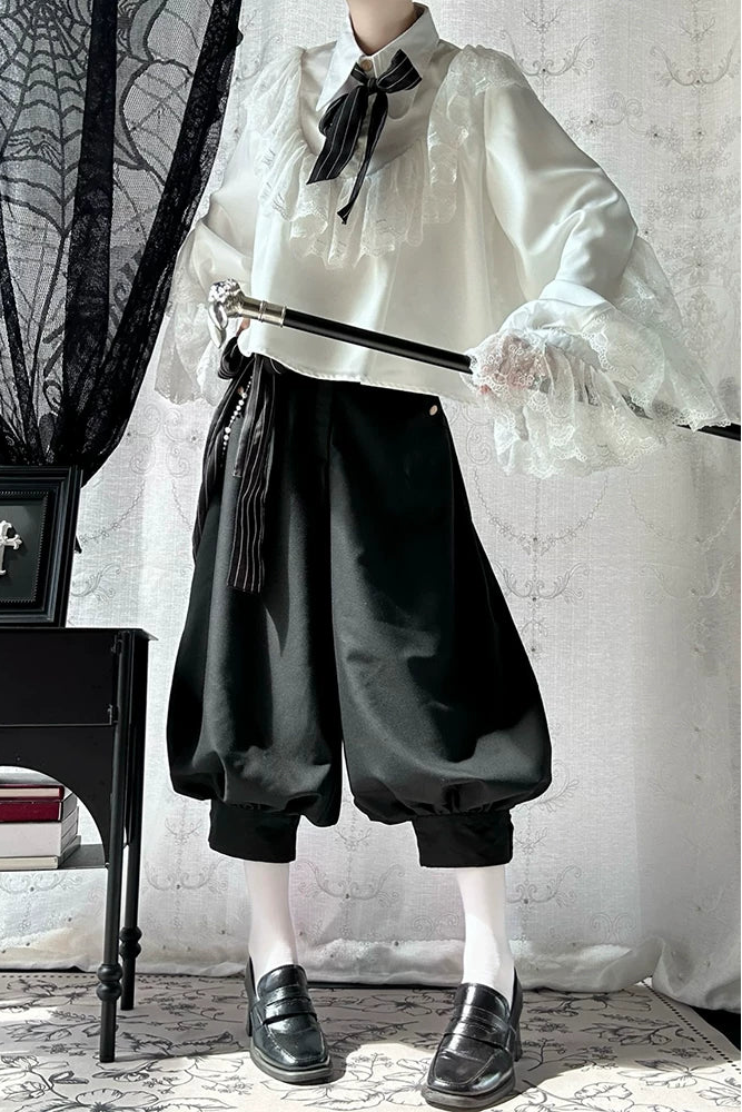 [Pre-order Deadline: September 28] Prince Lolita White Lace Ruffle Shirt + Long Balloon Pants (with Black Stripe Bow Tie + Waist Ribbon Accessory)