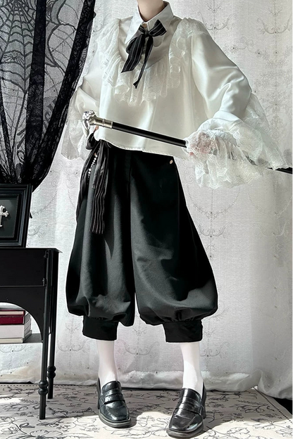[Pre-order Deadline: September 28] Prince Lolita White Lace Ruffle Shirt + Long Balloon Pants (with Black Stripe Bow Tie + Waist Ribbon Accessory)