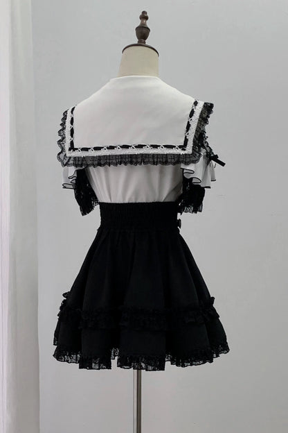 [Pre-order Deadline: August 30] Black and White Lace Sailor Gothic Open-Shoulder Short-Sleeve Ribbon Shirt + Pearl Chain Frill Skirt