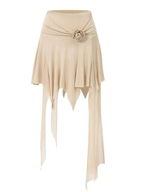 ワンショルダーアシメニットトップス+アシメプリーツスカート