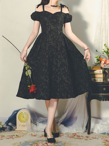 French Style Off Shoulder Ribbon Flower Embossed Black Dress