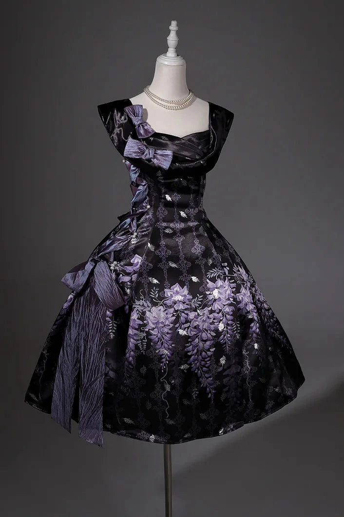 【10月4日予約締切】Black Purple/White Purple Floral Elegant Lolita Satin Side Ribbon Dress
