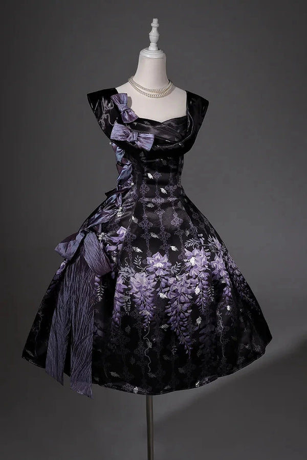 【10月4日予約締切】Black Purple/White Purple Floral Elegant Lolita Satin Side Ribbon Dress