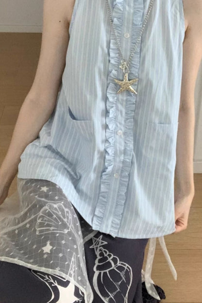 Gestreiftes Strandhemd + ärmelloses Hemd + Overshirt + Rock + weite Hose + Jeansrock