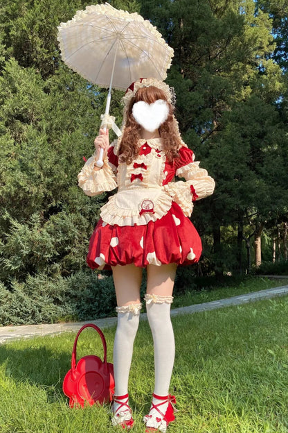 キノコドールワンピース+リボンフリルエプロン+フリルスリーブ+うさ耳ハット