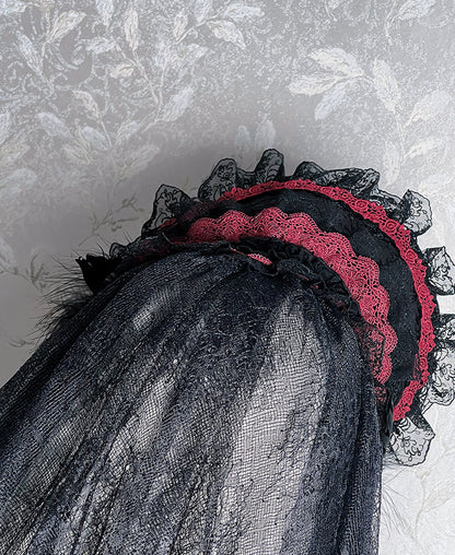 Black Mist Banquet Gothic Cross Rose Bonnet + Veil + Brooch