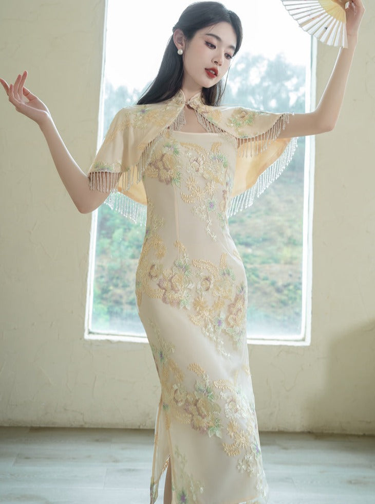 Retro Elegant Dress + Flower Shawl